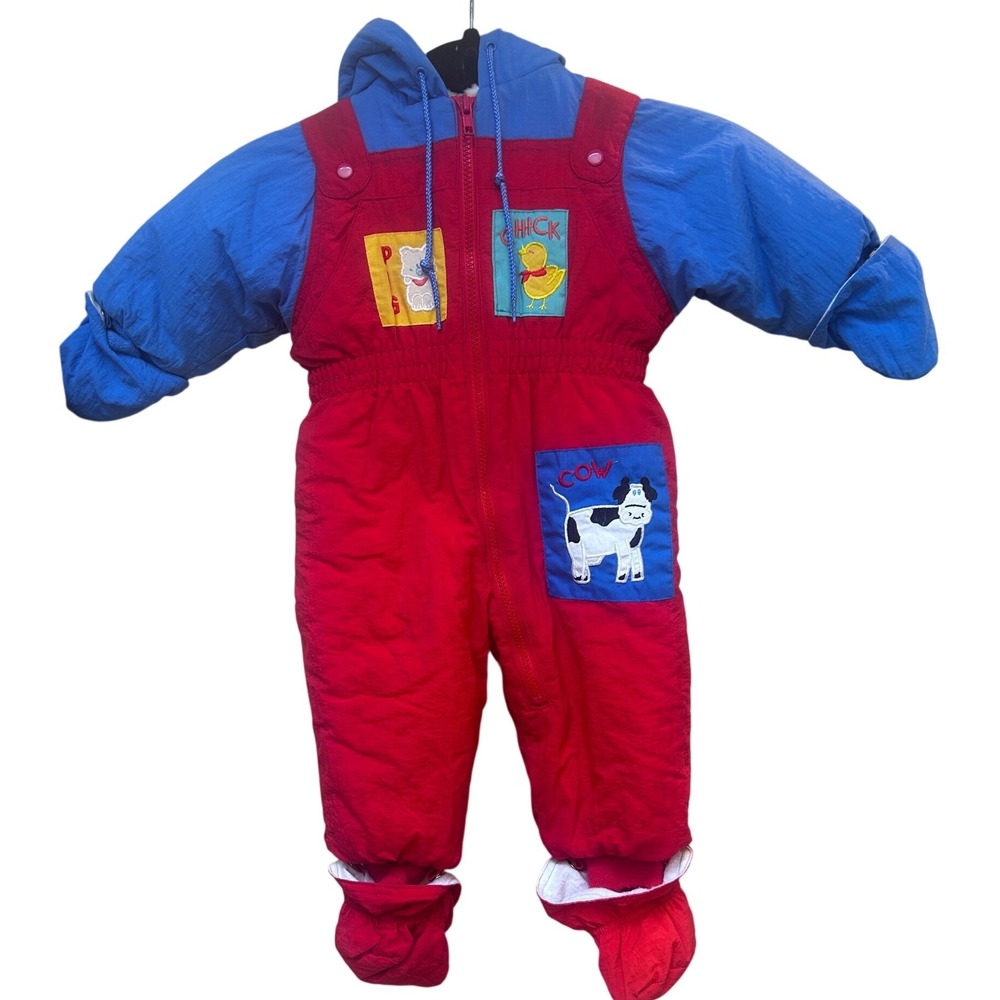 Casual Time Vintage Baby Snowsuit Red‎ Blue Farm Animal Bunting 12 Months Hooded